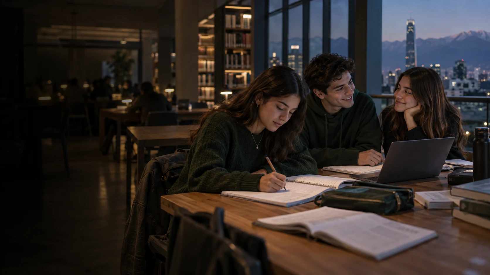 Estudiantes preparando su próximo desafío en una biblioteca